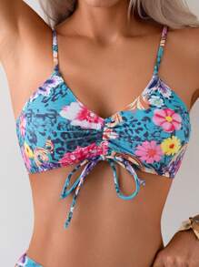 New Women's Split Two Pieces Set, Sexy Floral Print Halter Tie-Up Bikini Set ,European And American Style Hot Selling Swimsuits Vacation - Blue - View 7