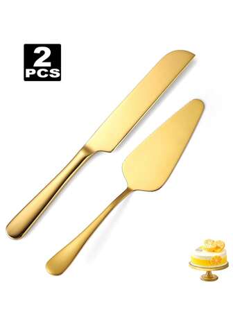 1/2 Pieces Wedding Cake Knife And Server Set, Gold Stainless Steel Cake Pie Serving Set Gift Cake Cutting Set For Wedding, Birthday, Parties And Events