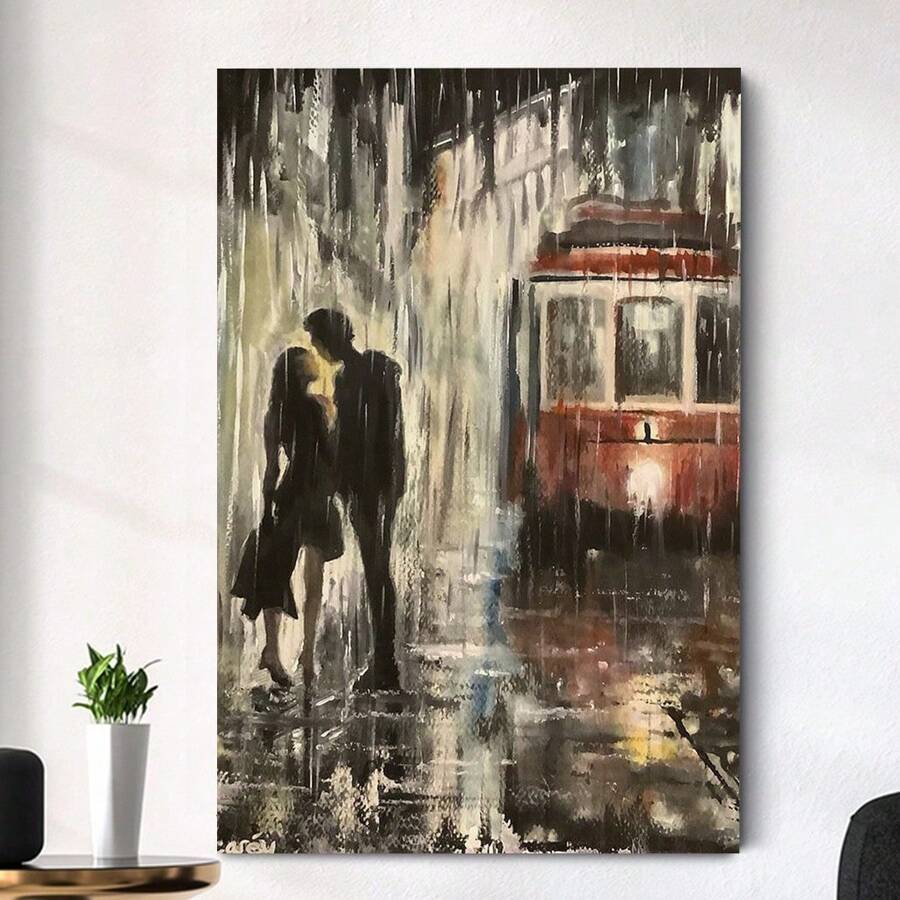 Romantic Couple In The Rain Canvas Art, Artistic Decor Print, Ideal For Bedroom, Kitchen, Dining Room, Living Room, Office Wall Décor - Framed - View 1