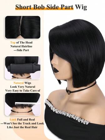 Short Side Part Bob Wigs Straight Black Hair Wig Bowl Cut Cosplay Wig Heat Resistant Natural Looking Synthetic Full Wigs For Women(Natural Black)