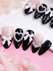 10pcs Kawaii Korean Style Press-On Almonds Shaped Nails With 3D Butterfly & Heart Decors, Full Coverage, Suitable For Daily Life And Work - Black and White - View 2