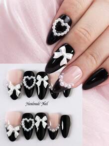 10pcs Kawaii Korean Style Press-On Almonds Shaped Nails With 3D Butterfly & Heart Decors, Full Coverage, Suitable For Daily Life And Work - Black and White - View 1