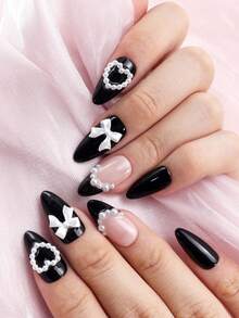 10pcs Kawaii Korean Style Press-On Almonds Shaped Nails With 3D Butterfly & Heart Decors, Full Coverage, Suitable For Daily Life And Work - Black and White - View 4