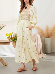 Women Long Dress, Long Sleeve Dress Square Neck Embroidery Flower Loose Swing Dress - 米色 - 查看 7