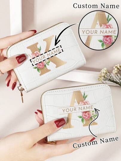 1 pieza Cartera personalizada con firma, cartera con diseño de firma personalizada, cartera con firma personalizada, cartera personalizada con firma, cartera con cierre con capacidad grande, patrón de inicial de A a Z, versátil, práctica, personalizada, regalo ideal para ella, mujeres, principiantes y trabajadores de cuello blanco, novia, niñas, amigos, niños, familia