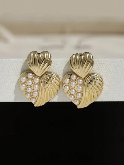 2pcs Luxury Faux Pearl Heart Angel Love Dangle Earrings, Suitable For Women's Holiday And Daily Wear