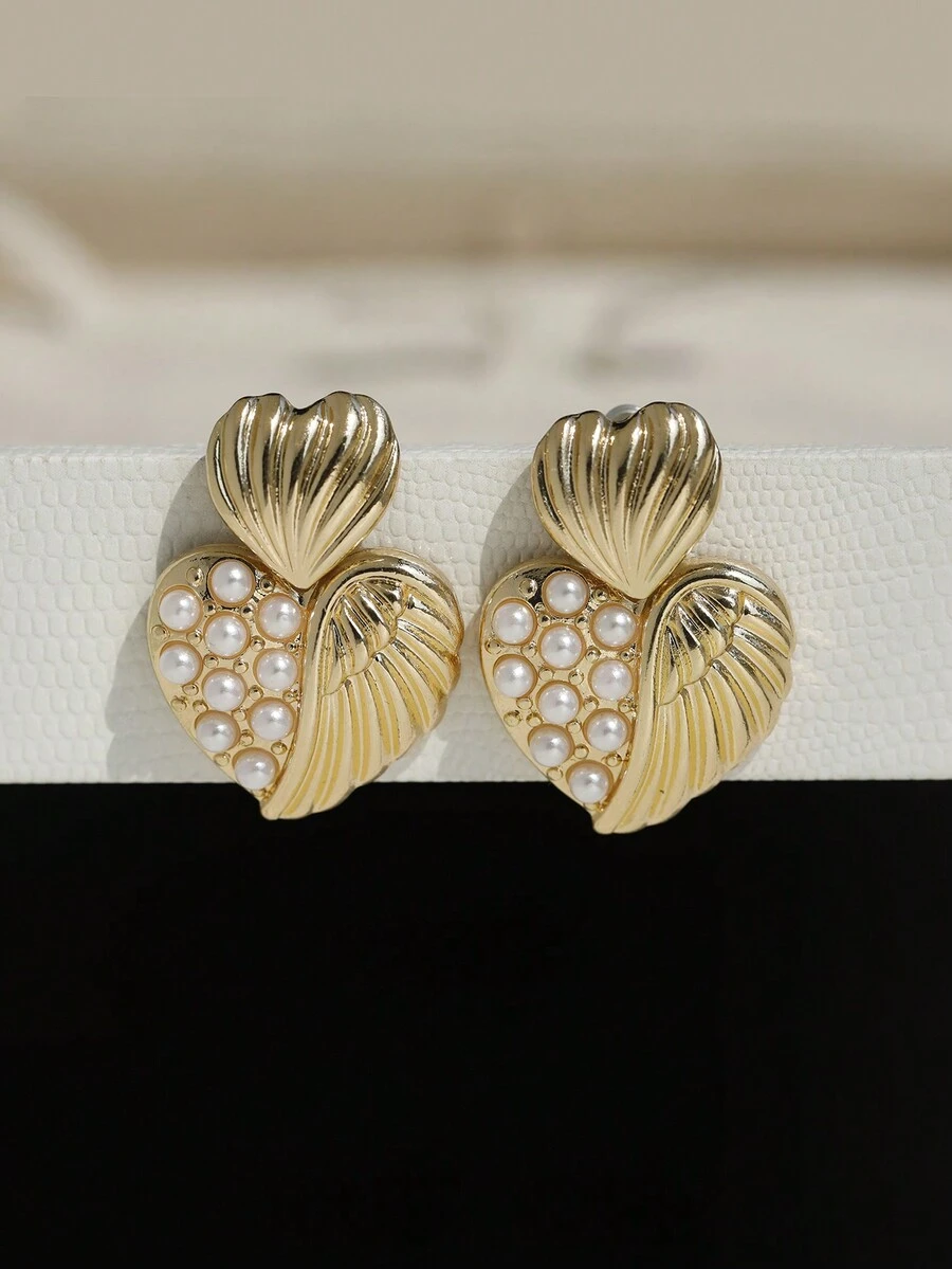 2pcs Luxury Faux Pearl Heart Angel Love Dangle Earrings, Suitable For Women's Holiday And Daily Wear - Earring - View 1