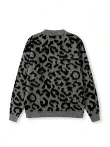 Men's Vintage Leopard Contrast Color Fuzzy High Street High-End Casual Knit Sweater, Round Neck, Autumn/Winter