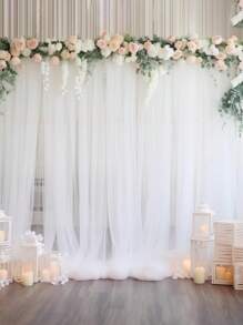 2pcs White Tulle Backdrop Organza Curtain, 2025 New Year Decor Banner Organza, Wedding Party Background Cloth, Bridal Shower Birthday Party Background Decoration Supplies, Wedding Supplies, Wedding Decoration Organza, Wedding Favor, Valentine's Day Decor, Stage Decoration Mesh Gauze(Including Clips)