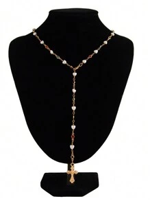 1pc Simple Elegant Sweet Style Pearl Inlaid Y-Necklace, Dainty Cross Chain Necklace, Alloy Collarbone Chain For Women, Suitable For Gathering, Party, Daily Wear, Holiday Gift - Gold - View 2