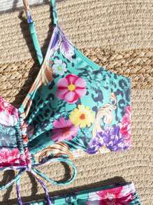 New Women's Split Two Pieces Set, Sexy Floral Print Halter Tie-Up Bikini Set ,European And American Style Hot Selling Swimsuits Vacation - Blue - View 10