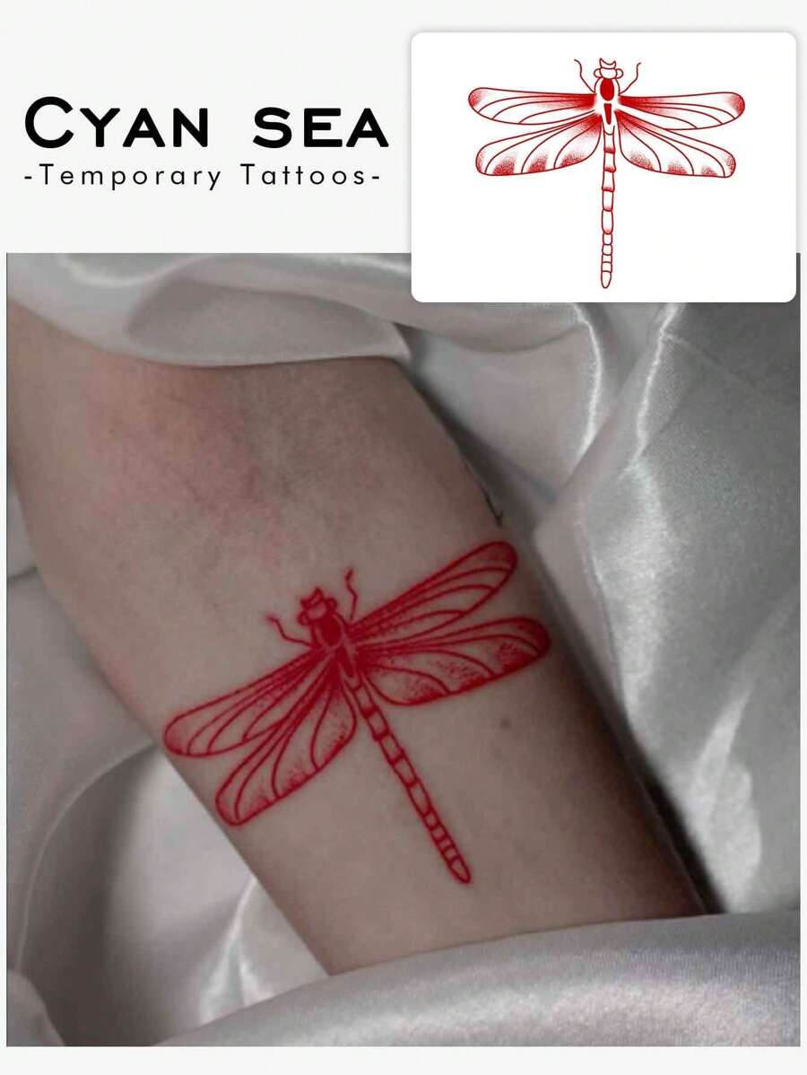 1pc Waterproof Temporary Red Bamboo Dragonfly Tattoo Sticker, Fade-Resistant, Sweatproof, Realistic Design, Suitable For Fashion Leader Daily Use - Red - View 1