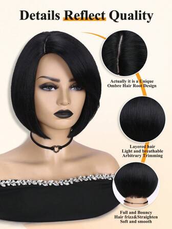 Perucas curtas de cabelo preto liso, peruca de corte tipo tigela, peruca cosplay, resistente ao calor, aparência natural, perucas sintéticas completas para mulheres (preto natural)