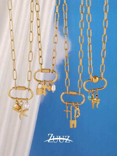 1pc Fashion Stainless Steel Eye Cross Starfish Shell Lock Heart Charm Necklace Heart Elliptical Buckle Necklace For Women Jewelry Chain Women's Geometry Necklace For Daily Decoration Valentines