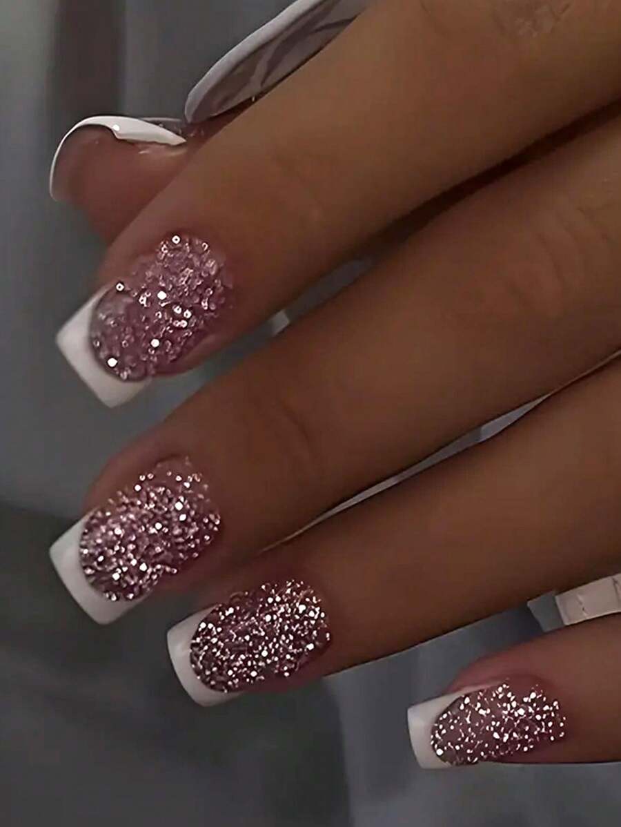 Valentines Nails 24Pcs Short Square Shape Press On Nails In White Glitter French Tip Sparkling Nail Art Design Simple And Luxury Style For Daily Use Fake Nails Kit Nail Supplies Nails