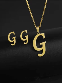 1 套钛钢 26 字母设计时尚百搭耳钉和吊坠项链首饰套装，适合男士，18K 镀金，适合送礼和日常佩戴