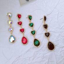 新款时尚长款心形闪亮耳环，优雅奢华浪漫约会可爱心形吊坠耳环，情人节礼物 - 情人節紅色桃心耳環 - 查看 11