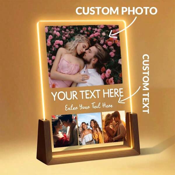 6 Inch Walnut Wood Sister Style, Personalized Photo Printed Acrylic Night Light, Custom Home Decor Gift, For Best Friend, Birthday, Christmas, Festivals, 1 Piece, Decorative, Fashionable, Modern Custom, Personalized, Unique, Gift For Him, Her, Boyfriend, Girlfriend, Dad, Mom, Ideal Family Gift