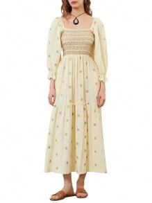 Women Long Dress, Long Sleeve Dress Square Neck Embroidery Flower Loose Swing Dress - 米色 - 查看 2