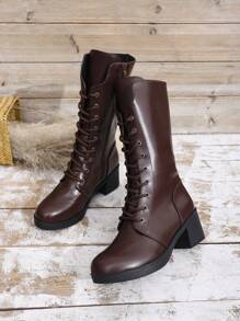 British Style Women's Chunky Heel High Heel Black Lace-Up Motorcycle Boots, New Mid-Calf Zipper Riding Boots