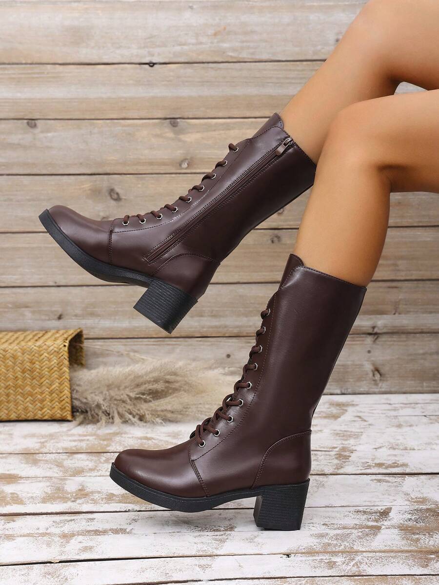 British Style Women's Chunky Heel High Heel Black Lace-Up Motorcycle Boots, New Mid-Calf Zipper Riding Boots