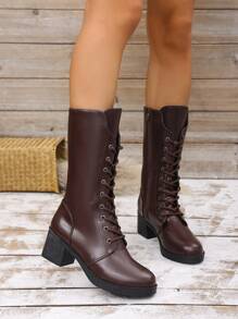 British Style Women's Chunky Heel High Heel Black Lace-Up Motorcycle Boots, New Mid-Calf Zipper Riding Boots