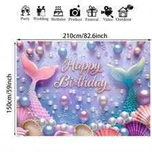 1pc Mermaid & Faux Pearl Shell Happy Birthday Backdrop - Multifunctional Polyester Photography Background For Party, Shower, Photo Booth And Home Decor