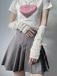 1pair Ladies' Fingerless Sleeves, European And American Solid Color Basic Arm Warmers With Twister Silk Ribbon Bowknot, Academy Style Keep Warm Gloves For Students - White - View 5