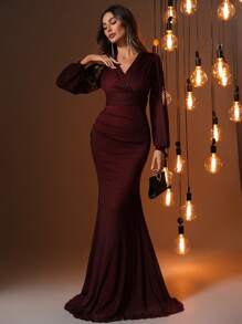 EVERLYL Everly L Long-Sleeve Glitter Gown With Draped V-Neck Detail And Mermaid Hem - Burgundy - View 2