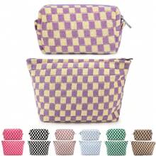 2 pezzi Borsa porta trucchi grande in tela a quadri, borsa da toilette per viaggio con grande capacità, accessori estetici per organizzare pennelli trucco, borsa per lo stoccaggio per donne, mix a quadri verde