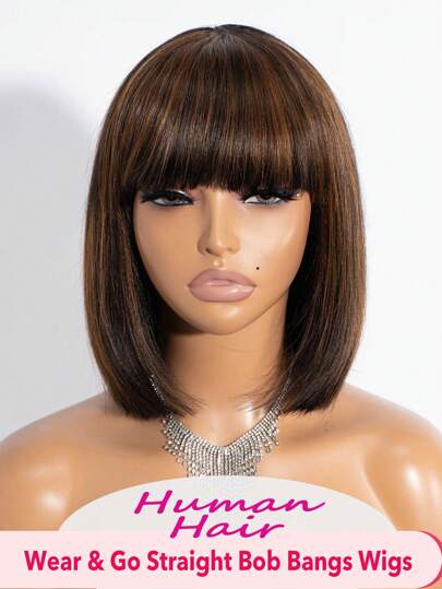Short Human Hair Bob Wig With Bangs Straight Remy Hair Natural Black Mixed With Brown Color Wig For Women Daily Use Glueless Non Lace Wig Ware And Go Full Machine Made Wig