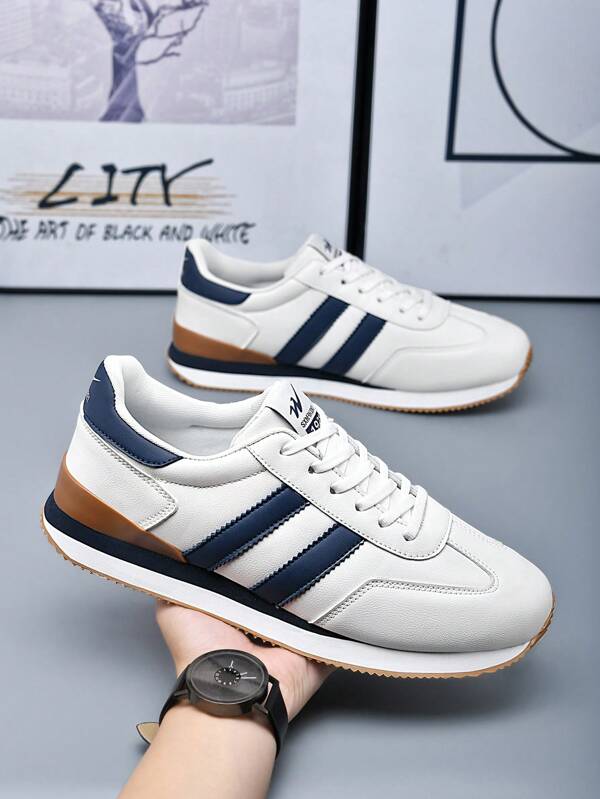 Men's Soft-Sole Lace-Up Casual Sneakers, White & Blue Flat Skate Shoes, Anti-Slip Breathable Plain Low-Top Athleisure Shoes Men's Plain Low-Top Rubber Casual Shoes