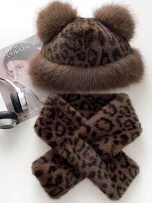 1set Leopard Print Fluffy Hat & Scarf Set, Warm Plush Fur Hood Earflaps Hat, Versatile For Women, Winter