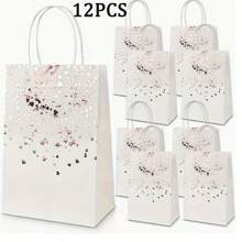 6/8/12/16/24pcs/Set 21*15*8CM Hot Stamping White Heart Pattern Gift Bags With Handles, Kraft Paper Gift Bags In Bulk, Suitable For Birthday, Wedding, Party, Party Supplies And Gift Decorations