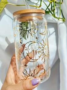 1 pieza Botella de agua de vidrio de 16 oz/500 ml con luna y sol dorados, tapa y pajita, vaso térmico para café, té, jugo, leche, regalo de cumpleaños
