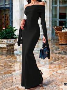 Vestido Maxi Elegante y Romántico con Hombros Descubiertos y Mangas con Volantes para Mujer - Negro - Ver 3