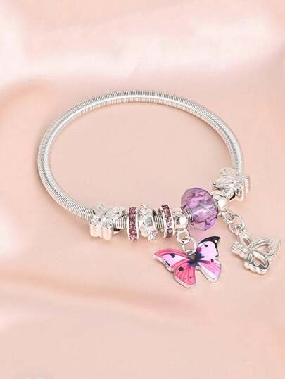 1pc Elegant Colorful Butterfly Charm Jewelry For Women Fashionable Silver Alloy Spring Bracelet Casual Versatile Bracelet Perfect Gift For Friends