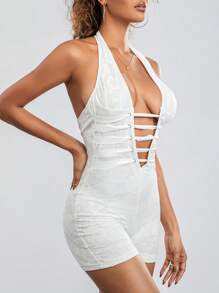 Women's Lace Bodysuit Shorts Sleeveless Halter Back Cross Bandage Jumpsuit Party Club Rompers - Blanco - Ver 5