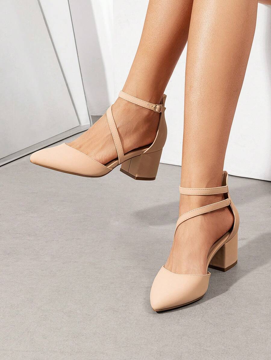 Women's Closed Pointed Toe Low Chunky Heels Pumps Ankle Strap Wedding Business Dressy Shoes - 杏色/牛巴革 - 查看 1