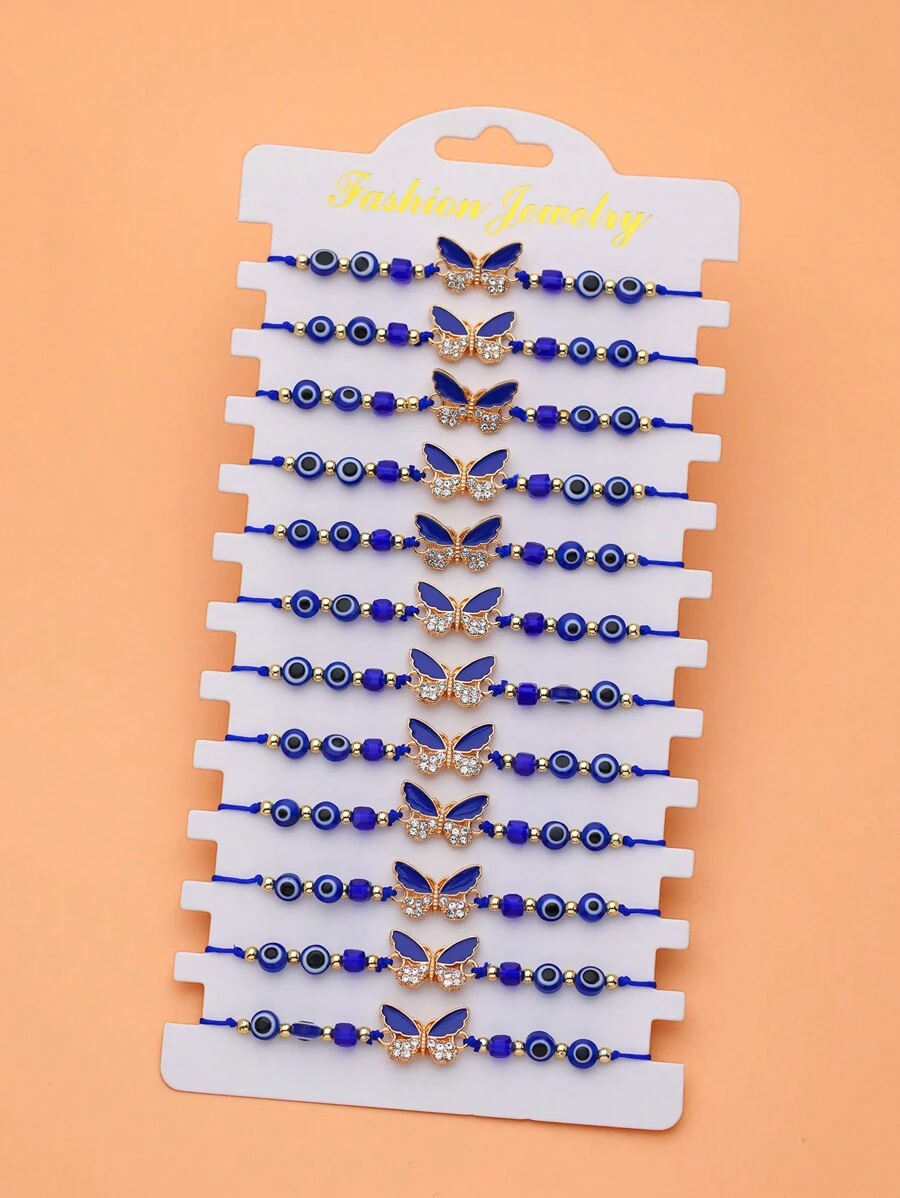 LORRILIA 12 件套蓝宝石蓝色邪眼恶魔之眼珐琅蝴蝶手工编织手链 BFF 对饰护身符手链家庭共享套装 - 彩色 - 查看 1