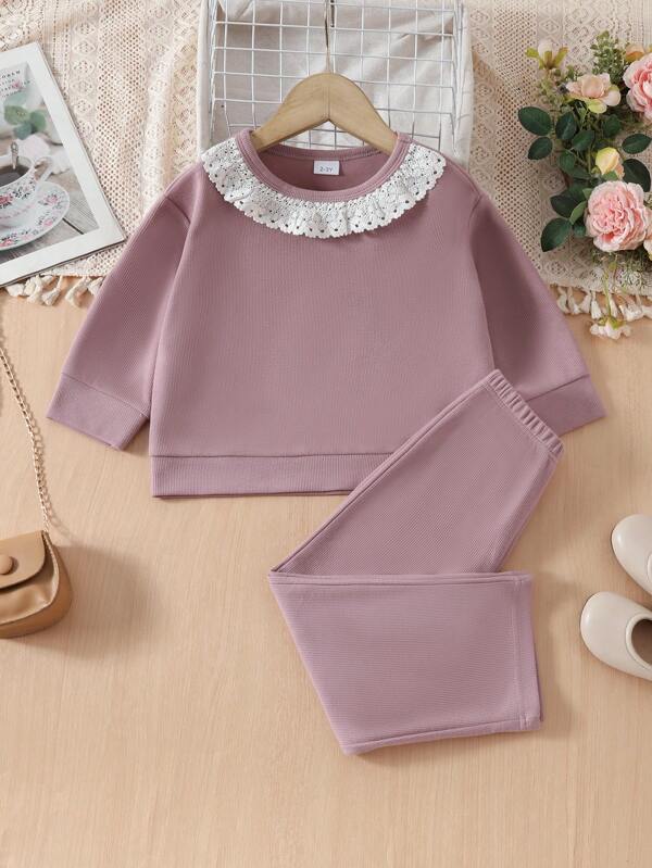 Young Girl Cross-Stitch Floral Trim Round Neck Long Sleeve Casual Sweatshirt & Straight Leg Pants Set