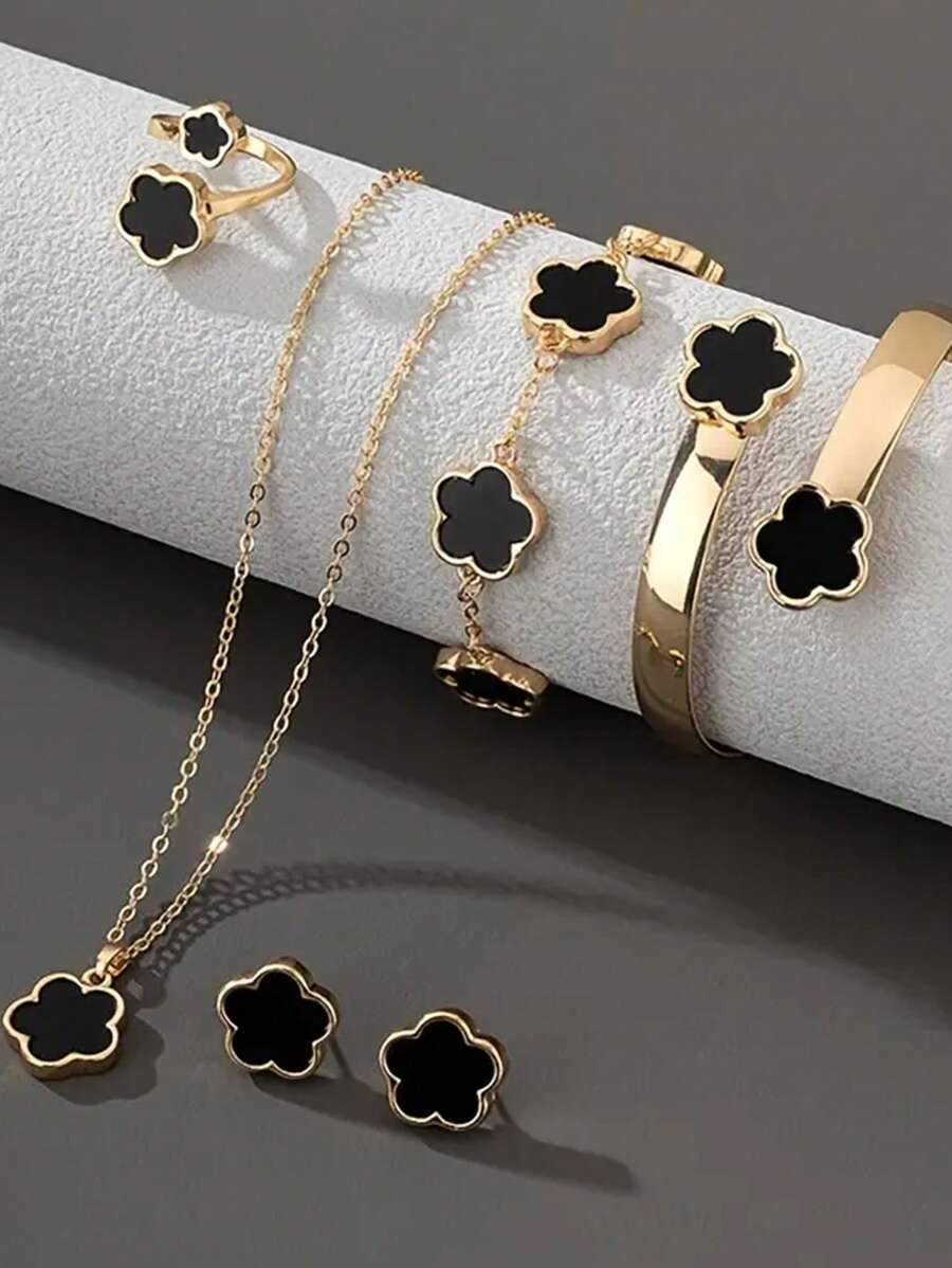 6pcs/Set Women Matching Lucky Flower Decorated Jewelry Set, 1 Pair Earrings, 1 Necklace, 1 Bracelet, 1 Bangle, 1 Ring, Suitable For Daily Wear