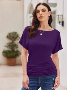 OUTBALL Womens Casual T Shirts Short Sleeve Dolman Shirts Boat Neck Ruched Tops Summer Lightweight Clothes - 暗紫色 - 查看 3