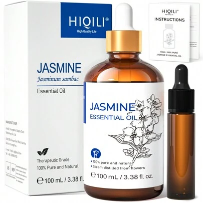  HIQILI 100毫升/3.38液体盎司纯茉莉精油。天然花卉精油，适用于香薰机、加湿器、护肤、护发、身体SPA。浓郁花香，也适用于香水、肥皂和蜡烛制作。
