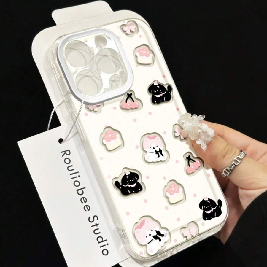 粉色镜片 + 甜点纸杯蛋糕 + 蝴蝶结草莓小猫图案穿孔手机壳，适用于 Apple iPhone11 13 15 16 12 Pro Promax Plus Mini 7 8 Se、S21 S22 S23 S24ULTRA/iPhone17/17pro/17Promax/Air，可爱的智能手机保护套 - 無色 - 查看 1