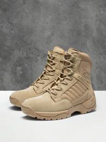 Men's Breathable Military Tactical Work Boots Side Zipper Leather Motorcycle Combat Boots (6-8 Inches) Slip, Oil, And Abrasion-Resistant - 卡其色 - 查看 5