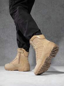 Men's Breathable Military Tactical Work Boots Side Zipper Leather Motorcycle Combat Boots (6-8 Inches) Slip, Oil, And Abrasion-Resistant - 卡其色 - 查看 3