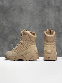 Men's Breathable Military Tactical Work Boots Side Zipper Leather Motorcycle Combat Boots (6-8 Inches) Slip, Oil, And Abrasion-Resistant - 卡其色 - 查看 7