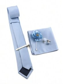 ZONFAZ 5 件男士商务正装领带、手帕、袖扣、翻领花和领带夹组合套装，婚礼和派对服装 - 藍色 - 查看 4