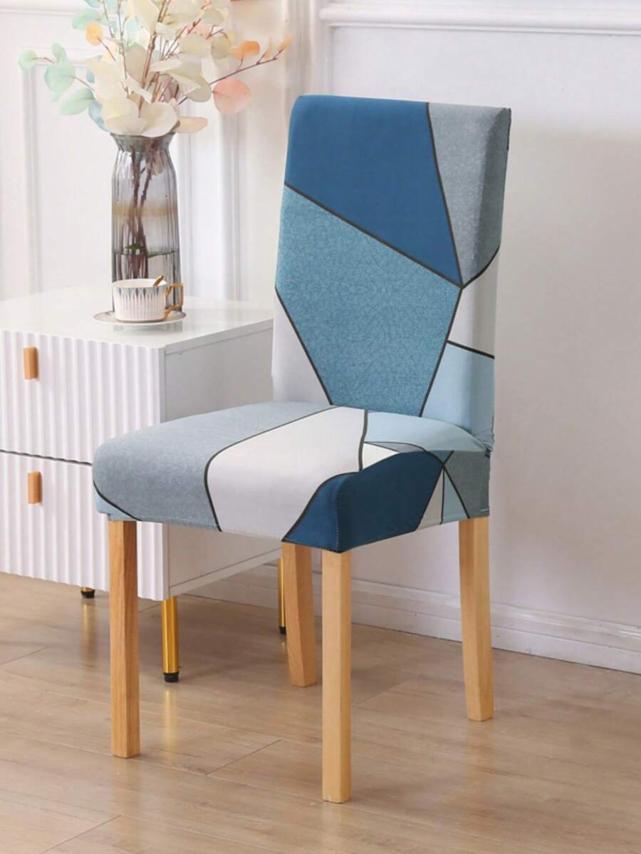 1pc Geometric Pattern Stretch Chair Cover, Polyester Fiber Seat Cover For Hotel/Home Use - Blue - View 1